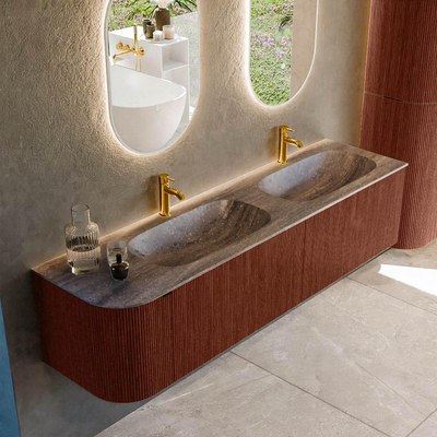 MONDIAZ KURVE-DLUX 175cm meuble de salle de bains arrondi à gauche couleur Ruby avec 2 tiroirs et 1 porte. Lavabo STOR SMALL Double / à droite 2 trous de robinet Oza.