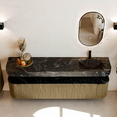 MONDIAZ THOR-DLUX Meuble de salle de bains - 200cm - arrondi gauche + droite - couleur Dusk - 2 tiroirs - 2 portes - Vasque suspendue CLOUD droite 1 trou de robinet - couleur Lava