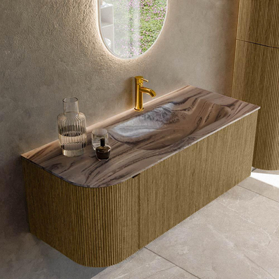 MONDIAZ KURVE-DLUX 115cm badmeubel ronding Links kleur Dusk met 1 lade en 1 deur. Wastafel BIG SMALL Rechts 1 kraangat Sombra.