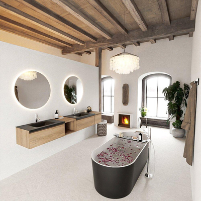 MONDIAZ BUKLA 240cm ensemble de meuble avec module ouvert 40 gauche couleur Chêne blanchi avec 3 tiroirs. Lavabo CLOUD double 2 trous de robinet couleur Urbaine.
