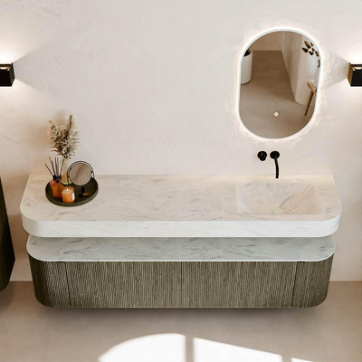 MONDIAZ THOR-DLUX 190cm meuble de salle de bains arrondi gauche + droite couleur Shadow avec 2 tiroirs et 2 portes. Vasque suspendue CLOUD Droite sans trou de robinet couleur Opalo.