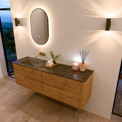 Mondiaz CIRO-DLUX Badkamermeubelset - 160x45x50cm - Solid surface wastafel Lava - 1 wasbak Links - zonder kraangaten - 4 lades - Oak