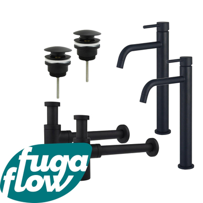 FugaFlow Eccelente Sobrado Slim Kit robinet lavabo - pour double vasque - robinet rehaussé - bonde clic clac - siphon design - Noir mat