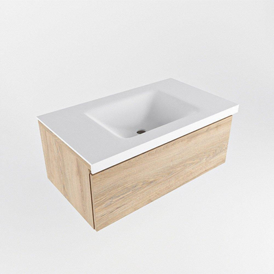 Mondiaz BUKLA Badkamermeubelset - 80x45x34cm - 0 kraangaten - wasbak midden - solid surface - Talc - greeploos - 1 lade - Melamine - Washed Oak