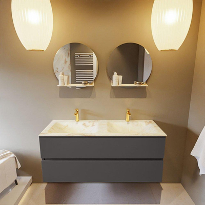 Mondiaz VICA-DLUX Ensemble de meuble de salle de bain - 120cm - meuble sous-vasque gris foncé - 2 tiroirs - lavabo encastré cloud double - 2 trous de robinet - version haute de 60cm - frape