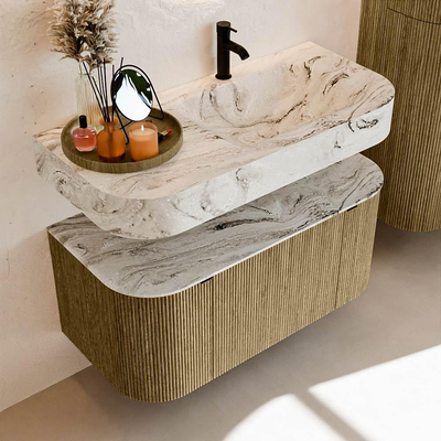 MONDIAZ THOR-DLUX 100cm meuble de salle de bains arrondi gauche + droite couleur Dusk avec 1 tiroir et 2 portes. Vasque suspendue CLOUD Droite 1 trou de robinet couleur Glace.