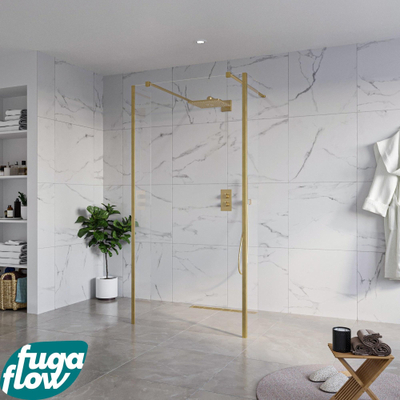 FugaFlow Eccelente Vetro Vrijstaande inloopdouche badkamer - 100x200cm - Helder - antikalk - 8mm veiligheidsglas - 2 zijwanden 40cm - met wandarmen en hoekprofielen - Messing geborsteld (goud) -