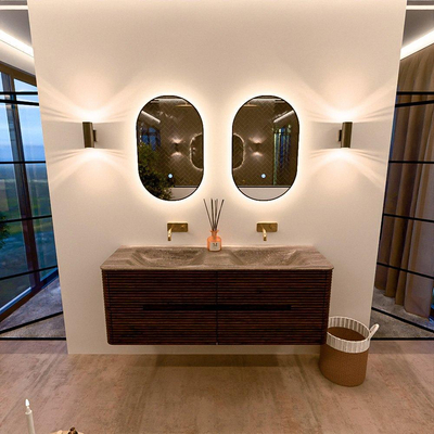 Mondiaz CIRO-DLUX Badkamermeubelset - 140x45x50cm - Solid surface wastafel Oza - 2 wasbak Dubbel - zonder kraangaten - 4 lades - Walnut