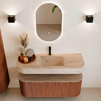 MONDIAZ THOR-DLUX 120cm meuble de salle de bains arrondi gauche + droite couleur Ruby avec 1 tiroir et 2 portes. Vasque suspendue CLOUD Milieu 1 trou de robinet couleur Saba.