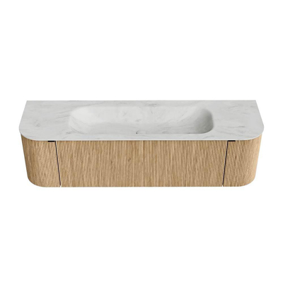 MONDIAZ KURVE-DLUX Meuble de salle de bains 160 cm avec module 25 Len R couleur Chêne avec 1 tiroir et 2 portes. Lavabo BIG MEDIUM central sans trou de robinet couleur Opalo.