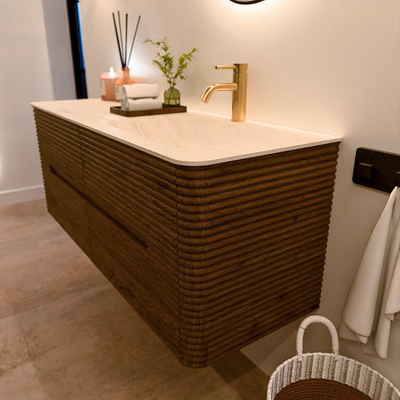 Mondiaz CIRO-DLUX Badkamermeubelset - 130x45x50cm - Solid surface wastafel Meli - 1 wasbak Rechts - 1 kraangat - 4 lades - Dusk