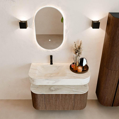 MONDIAZ THOR-DLUX 100cm meuble de salle de bains arrondi gauche + droite couleur Walnut avec 1 tiroir et 2 portes. Vasque suspendue CLOUD Gauche 1 trou de robinet couleur Ostra.