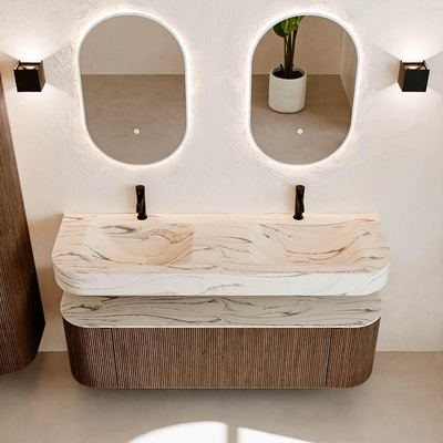 MONDIAZ THOR-DLUX 150cm badmeubel ronding links + rechts kleur Walnut met 1 lade en 2 deuren. Vrijhangende wastafel CLOUD Dubbel 2 kraangaten kleur Nata.