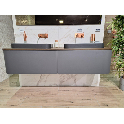 Duravit Happy D.2 Plus Wastafelonderbouw 160x55cm frontkleur Grafiet Supermat corpus kleur Grafiet Supermat 2 lades met console en 2 waskommem 60x40cm mat antraciet SHOWROOMMODEL