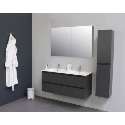 Basic Bella Meuble avec lavabo en porcelaine 2 trous de robinet 120x55x46cm avec armoire toilette à 2 portes gris Anthracite mat