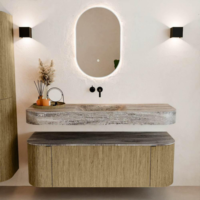 MONDIAZ THOR-DLUX 140cm meuble de salle de bains arrondi gauche + droite couleur Dusk avec 1 tiroir et 2 portes. Vasque suspendue CLOUD Milieu sans trou de robinet couleur Oza.