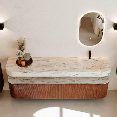 MONDIAZ THOR-DLUX 200cm meuble de salle de bains arrondi gauche + droite couleur Ruby avec 2 tiroirs et 2 portes. Vasque suspendue CLOUD Droite 1 trou de robinet couleur Nata.