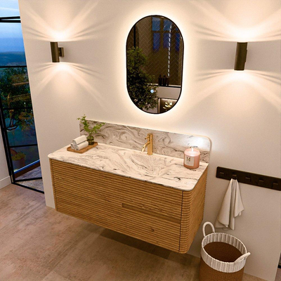 Mondiaz CIRO-DLUX Badkamermeubelset - 120x45x50cm - Solid surface wastafel Glace - 1 wasbak Rechts - 1 kraangat - 2 lades - Oak