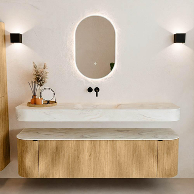 MONDIAZ THOR-DLUX 170cm meuble de salle de bains arrondi gauche + droite couleur Oak avec 1 tiroir et 2 portes. Vasque suspendue CLOUD Milieu sans trou de robinet couleur Ostra.