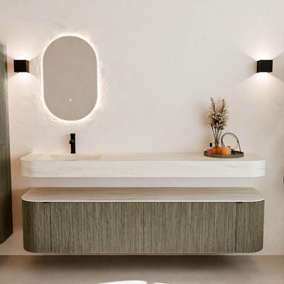 MONDIAZ THOR-DLUX Meuble de salle de bains 190cm arrondi gauche + droite couleur Shadow avec 2 tiroirs et 2 portes. Vasque suspendue CLOUD Gauche 1 trou de robinet couleur Meli.