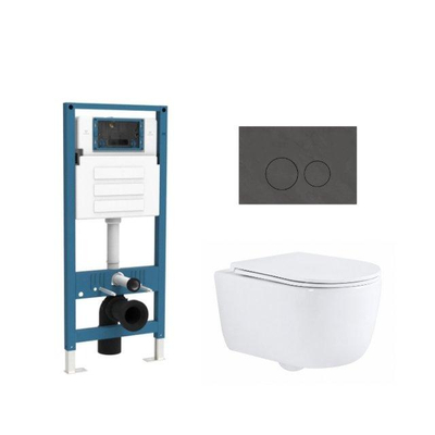 QeramiQ Dely Swirl Ensemble de toilette - réservoir encastré QeramiQ Flush - abattant slim - plaque de commande en pierre naturelle marbre foncé - boutons ronds - blanc brillant
