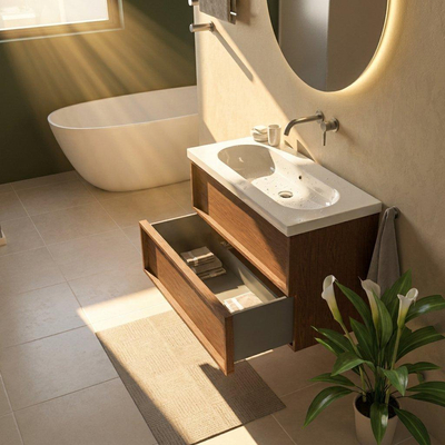 Saniclass Holz Frame Ensemble de meubles de salle de bains - 100x45x63.5cm - lavabo en céramique Palermo blanc - 1 vasque - sans trou de robinet - 2 tiroirs - walnut pure mat (bois)