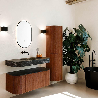 MONDIAZ THOR-DLUX Meuble de salle de bains - 110cm - arrondi gauche + droite - couleur Ruby - 1 tiroir - 2 portes - Vasque suspendue CLOUD Milieu sans trou de robinet - couleur Lava