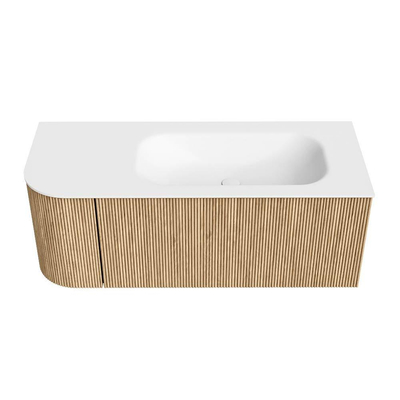 MONDIAZ KURVE 115cm Meuble salle de bain avec module 25 G - couleur Oak - 1 tiroir - 1 porte - vasque BIG SMALL droite - sans trous de robinet - Talc