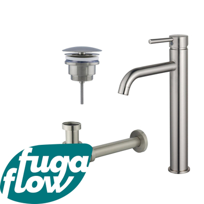 FugaFlow Eccelente Sobrado Badkamer Wastafelkraanset - verhoogde wastafelkraan - always open plug - verlaagde design sifon - PVD Geborsteld RVS