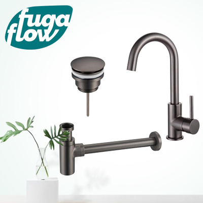 FugaFlow Eccelente Sobrado Badkamer Wastafelkraanset - hoge wastafelkraan - draaibare uitloop - klikwaste plug - design sifon - PVD Gepolijst Gunmetal