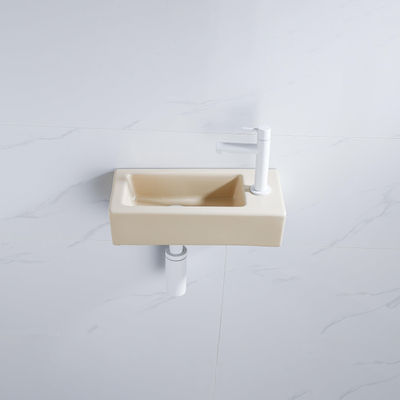 QeramiQ Fuente Ensemble lave-mains - 37.5x18.5x9cm - céramique - trou de robinet à droite - robinet de lave-mains blanc mat - bouchon de vidage - siphon abaissé - Beige mat