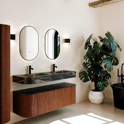 MONDIAZ THOR-DLUX Meuble de salle de bains 140cm arrondi gauche + droite couleur Ruby avec 1 tiroir et 2 portes. Vasque suspendue CLOUD Double 2 trous de robinet couleur Lava.