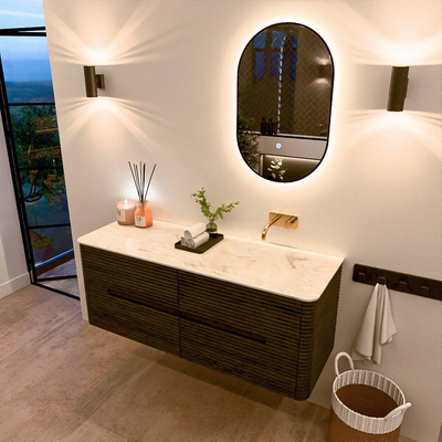 Mondiaz CIRO-DLUX Meuble de salle de bains - 130x45x50cm - Plan vasque solid surface Ostra - 1 vasque à droite - sans trous de robinet - 4 tiroirs - Shadow