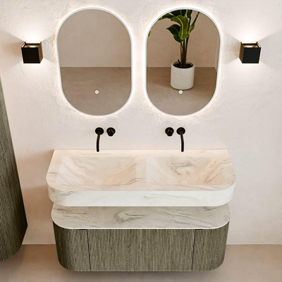 MONDIAZ THOR-DLUX 120cm badmeubel ronding links + rechts kleur Shadow met 1 lade en 2 deuren. Vrijhangende wastafel CLOUD Dubbel zonder kraangat kleur Ostra.