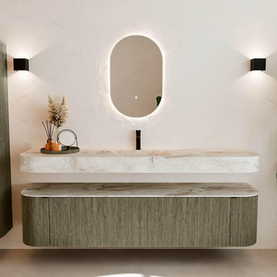 MONDIAZ THOR-DLUX 190cm meuble de salle de bains arrondi gauche + droite couleur Shadow avec 2 tiroirs et 2 portes. Vasque suspendue CLOUD Milieu 1 trou de robinet couleur Frappe.