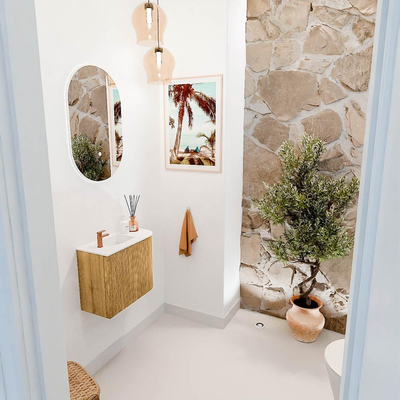 Mondiaz JOYA 51.6cm toiletmeubel - ronding rechts kleur Oak - Wastafel FAYE positie Links 1 kraangat kleur Talc.