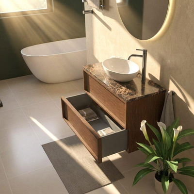 Saniclass Holz Frame Ensemble de meubles de salle de bains - 100x45x63cm - Plan de toilette en pierre naturelle Noche dark emperador - 1 trou de robinetterie - 2 tiroirs - walnut pure mat (bois)