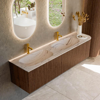 MONDIAZ KURVE-DLUX 175cm meuble de salle de bains arrondi Droite couleur Walnut avec 2 tiroirs et 1 porte. Lavabo STOR SMALL Double / Gauche 2 trous de robinet Nata.
