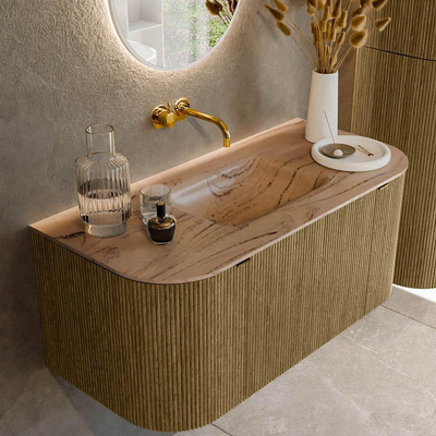 MONDIAZ KURVE-DLUX Meuble de salle de bains 100cm arrondi Gauche + Droite couleur Dusk avec 1 tiroir et 2 portes. Lavabo GRUNNE Central sans trou de robinet Arena.