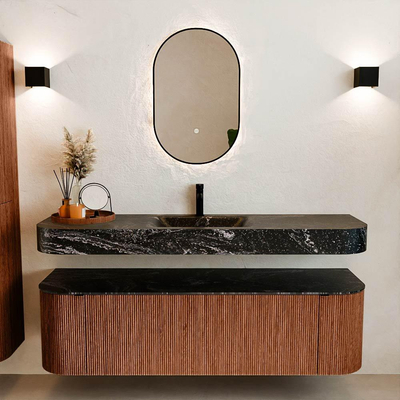 MONDIAZ THOR-DLUX 160cm meuble de salle de bains arrondi gauche + droite couleur Ruby avec 1 tiroir et 2 portes. Vasque suspendue CLOUD Milieu 1 trou de robinet couleur Lava.