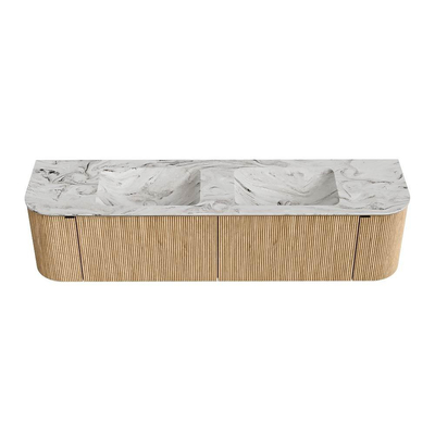 MONDIAZ KURVE-DLUX meuble de salle de bains 180 cm avec module 25 Len R couleur Oak avec 2 tiroirs et 2 portes. Vasque LEAF double sans trou de robinetterie couleur Glace.