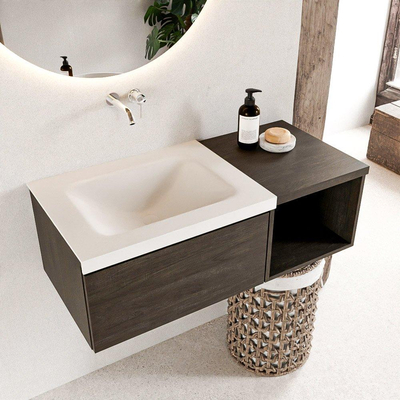 MONDIAZ BUKLA 100cm badmeubel met open module 40 kleur Dark Brown met 1 lade. Wastafel CLOUD links 0 kraangaten kleur Talc.