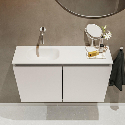 MONDIAZ TURE Toiletmeubel 80x23x50cm met 0 kraangaten 2 deuren linen mat Wastafel Eden links Solid Surface Wit