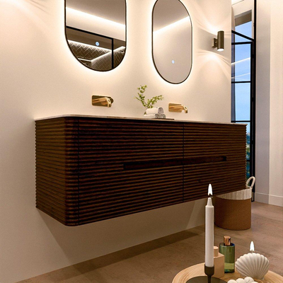 Mondiaz CIRO-DLUX Badkamermeubelset - 150x45x50cm - Solid surface wastafel Frappe - 2 wasbak Dubbel - zonder kraangaten - 4 lades - Walnut