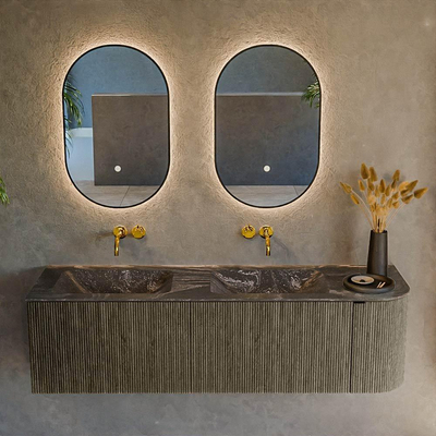 Mondiaz KURVE-DLUX Ensemble de meubles de salle de bains - 155x46x40cm - 2 tiroirs - 1 porte - lavabo solid surface - double / gauche - sans trou de robinet - Shadow