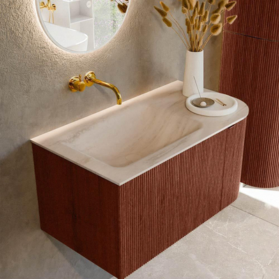 MONDIAZ KURVE-DLUX 85cm badmeubel ronding Rechts kleur Ruby met 1 lade en 1 deur. Wastafel CLOUD Links zonder kraangat Meli.