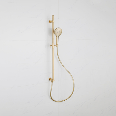 Fugaflow Eccelente Sobrado Ensemble de Glissière - coude de raccordement mural intégré - flexible de douche lisse - douchette ronde - Laiton Brossé PVD (Or)