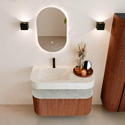 MONDIAZ THOR-DLUX 100cm meuble de salle de bains arrondi gauche + droite couleur Ruby avec 1 tiroir et 2 portes. Vasque suspendue CLOUD Gauche 1 trou de robinet couleur Opalo.