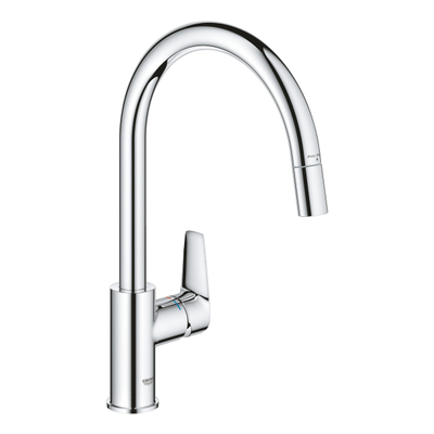 Grohe Start Edge Robinet de cuisine - 1 trou - bec haut orientable extensible - saillie 21,5 cm - levier fermé - chromé