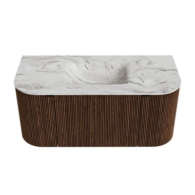 MONDIAZ KURVE-DLUX Meuble de salle de bains 100cm avec module 25 Len R couleur Walnut avec 1 tiroir et 2 portes. Lavabo GRUNNE central sans trou de robinet couleur Glace.